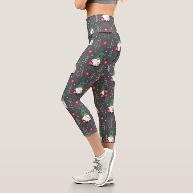 Green Gnome Christmas Tree Ornaments Pattern Capri Leggings (Left)