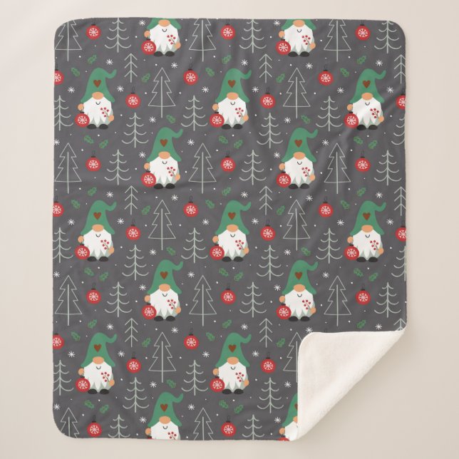 Green Gnome Christmas Tree Ornaments Pattern Sherpa Blanket (Front)