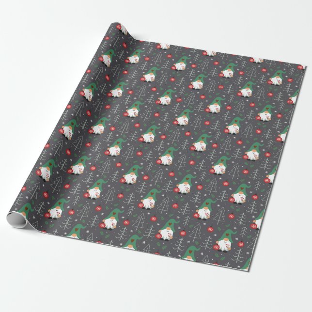 Green Gnome Christmas Tree Ornaments Pattern Wrapping Paper (Unrolled)