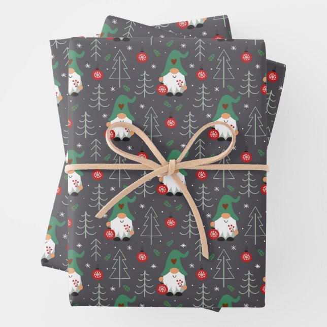 Green Gnome Christmas Tree Ornaments Pattern Wrapping Paper Sheet (In situ)
