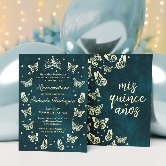 Green Gold 15 birthday Tiara Butterfly Mis Quince Invitation (Green Gold 15 birthday Tiara Butterfly Mis Quince Invitation)