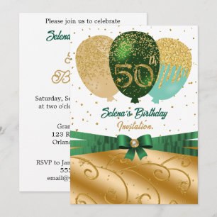 Green & Gold 50th Birthday Silk Balloon Gala Invitation