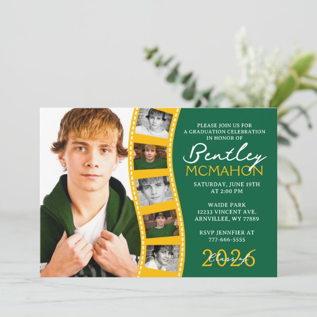 Green & Gold 6 Photo Filmstrip Graduation Collage Invitation (Standing Front)