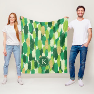 Green Gold Abstract Brushstrokes Pattern Monogram Fleece Blanket