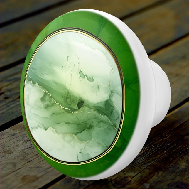 Green Gold Abstract Custom Photo Ceramic Knob (Ceramic knob featuring an abstract green design with the option to add your own photo in the center)