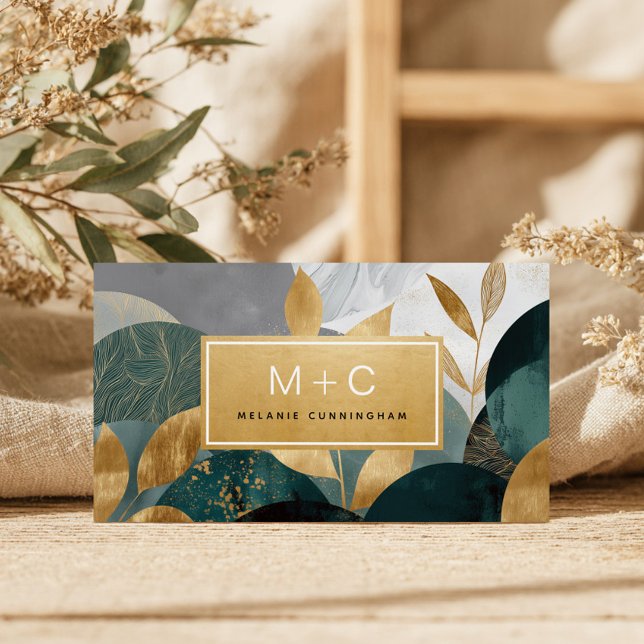 Green Gold Abstract Leaves Monogram Business Cards (Créateur téléchargé)