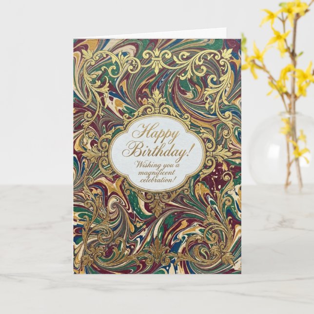 Green Gold Acanthus Botanical Happy Birthday Card (Yellow Flower)