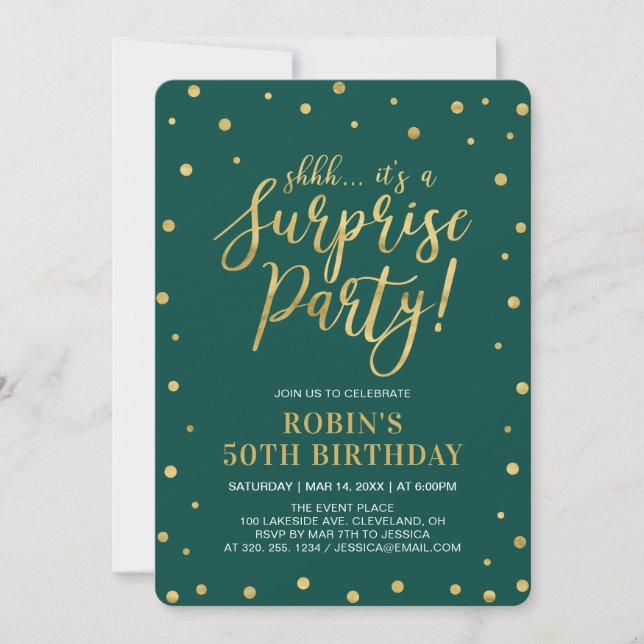 Green & Gold Adult 50th Surprise Birthday Party Invitation (Front)