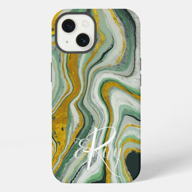 Green & Gold Agate Marble Abstract Name Monogram   iPhone Case (Back)