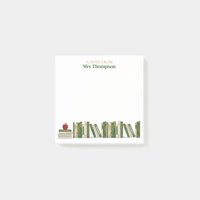 Green Gold Apple Bookshelf Personalized Teacher Post-it Notes (Front)