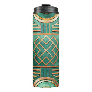 GREEN & GOLD ART DECO FAN LOOK PATTERN THERMAL TUMBLER