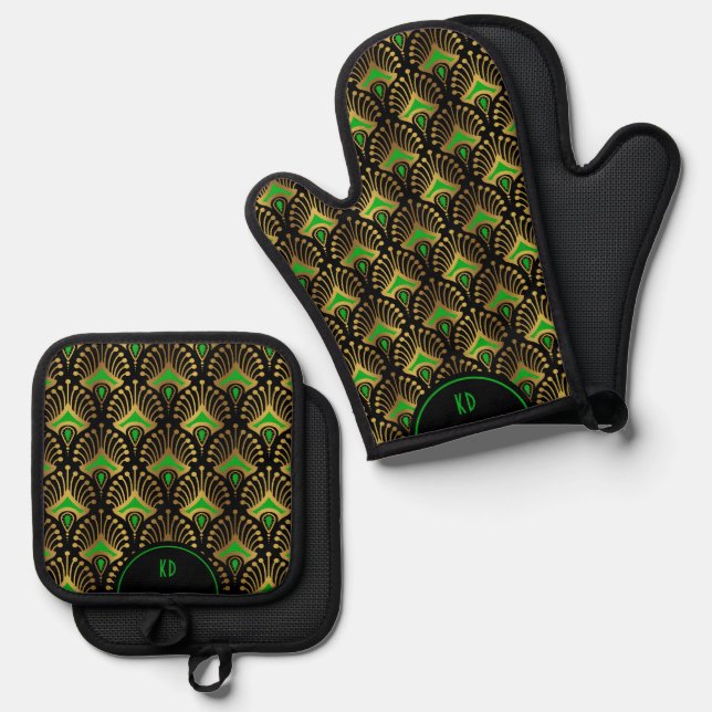 Green Gold Art Deco Pattern on Black Oven Mitt & Pot Holder Set (Front/Back)