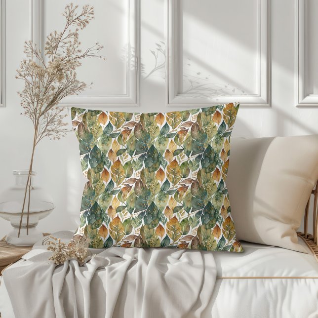 Green Gold Autumn Leaves Throw Pillow (Green Gold Autumn Leaves Throw Pillow 1)