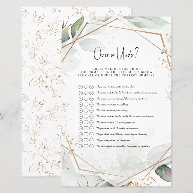Green & Gold Baby Shower Game Over or Under? (Front/Back)
