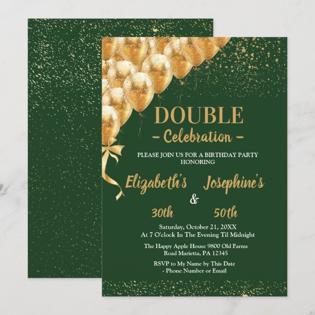 Green Gold Balloons glitter Dual Birthday Soiree  Invitation (Front/Back)