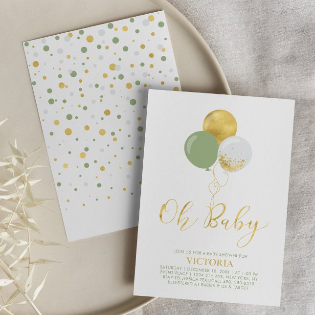 Green & Gold Balloons | Oh Baby Boy Baby Shower Invitation (Creator Uploaded)