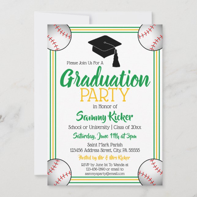 Green & Gold Baseball Graduation Party Invitation (Front)
