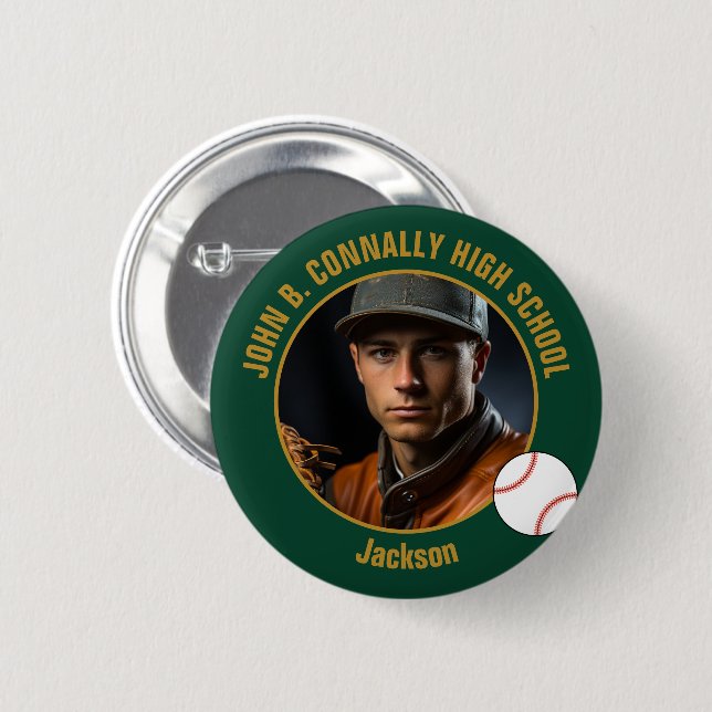 Green Gold Baseball Player Photo High School 2 Inch Round Button (Front & Back)
