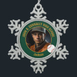 Green Gold Baseball Player Photo High School Snowflake Pewter Christmas Ornament<br><div class="desc">This cool customized high school baseball player photo gift features gold typography of your team and player name on a green Christmas ornament with a ball. Personalize with your student's photograph and class year as a proud sports parent for a great commemorative keepsake.</div>