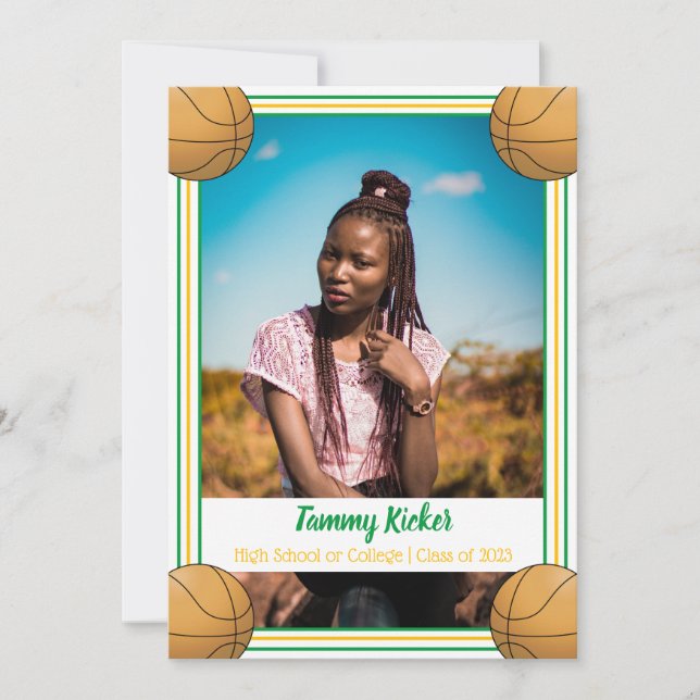 Green & Gold Basketball Graduation Announcement (Front)