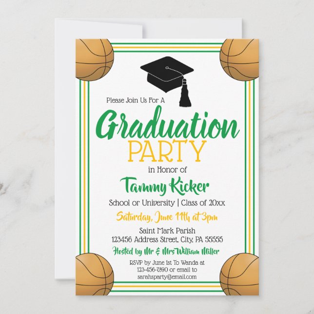 Green & Gold Basketball Graduation Party Invitation (Front)