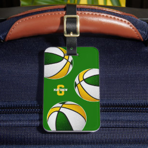 green gold basketball team colours monogrammed luggage tag