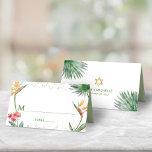 Green Gold Bat Mitzvah Tropical Floral Watercolor Place Card<br><div class="desc">No Bat Mitzvah party is complete without personalized place cards. Let your favourite Bat Mitzvah be proud, rejoice and celebrate her milestone at her perfectly coordinated party. Stylish, stunning, colourful, tropical watercolor bird of paradise flowers, faux gold Star of David and glitter dots, along with spring green modern sans serif...</div>
