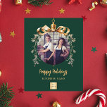Green gold bauble business photo Christmas card<br><div class="desc">Please note that flyer paper is very thin. Envelopes are not included. For thicker Holiday cards (same design) please visit our store. Celebrate the season with our sophisticated green-background Christmas cards, designed especially for businesses. Personalize with your company’s photo and logo framed within a golden Christmas tree bauble for a...</div>