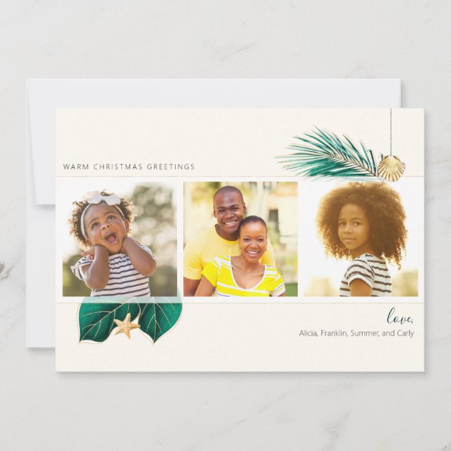 Green & Gold Beach Tropical Greenery 3-Photo Holiday Card (Front)