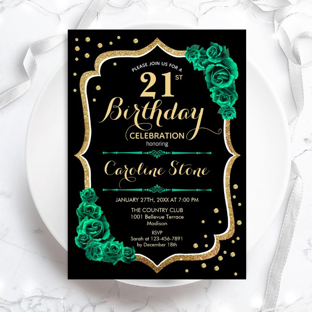 Green Gold Black Feminine 21st Birthday Invitation (Creator Uploaded)