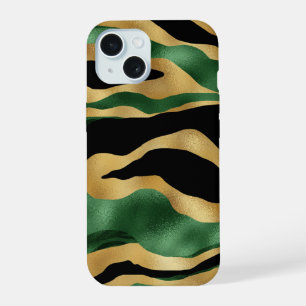 Green Gold Black Glitter Waves iPhone 15 Case