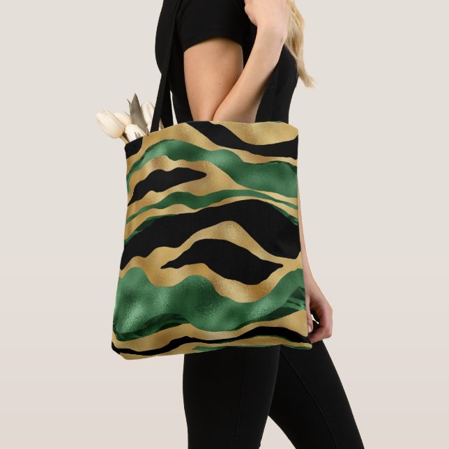 Green Gold Black Glitter Waves Tote Bag (Close Up)