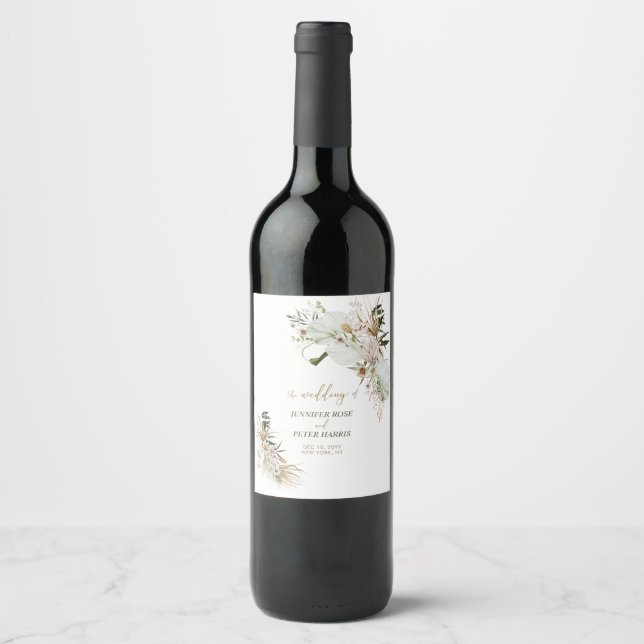 Green & Gold Boho Botanical Wedding Favour Wine Label (Front)