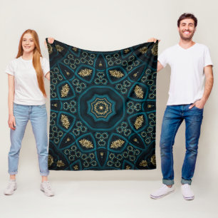 Green Gold Boho Rosette Mandala Fleece Blanket