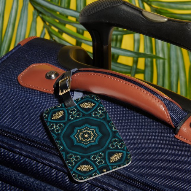 Green Gold Boho Rosette Mandala Luggage Tag (Front Insitu 1)