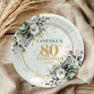 Green Gold Botanical 80th Birthday Celebration Paper Plate