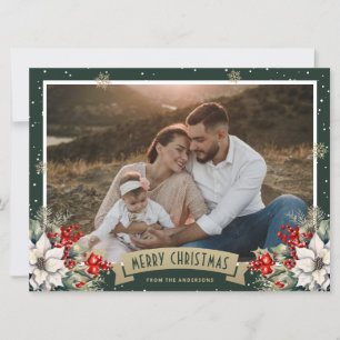 Green Gold Botanical Snowflake Photo Christmas Holiday Card