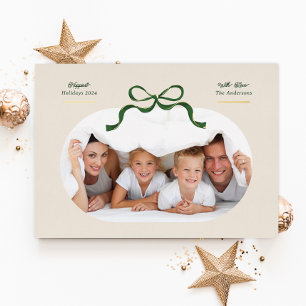 Green & Gold Bow   Happiest Holidays   Oval Photo Foil Holiday Card