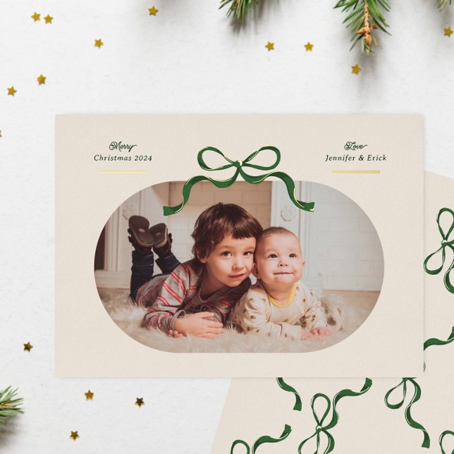 Green & Gold Bow | Merriest Christmas | Oval Photo Foil Holiday Card (Creator Uploaded)
