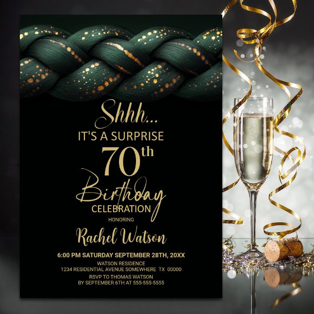 Green Gold Braid Surprise 70th Birthday Party Invitation (Creator Uploaded)
