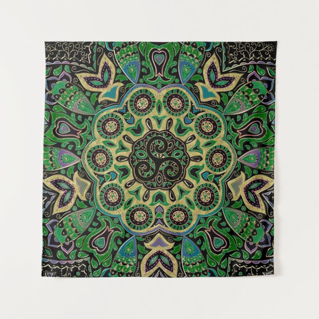 Green Gold Celtic Triskele Mandala Tapestry (Front)
