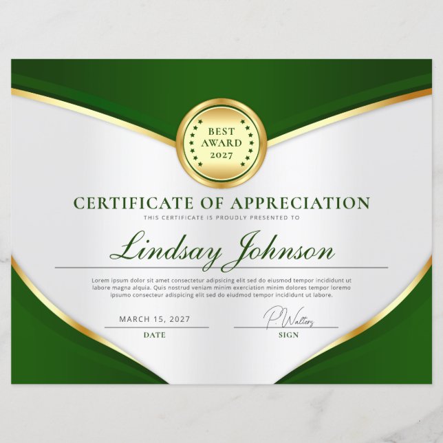 Green & Gold Certificate of Appreciation Flyer (Front)