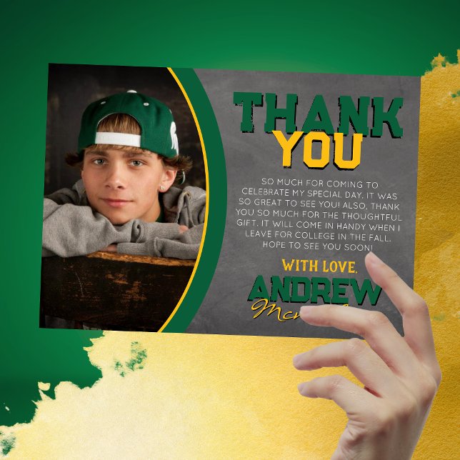 Green & Gold Chalkboard Graduation Thank You Card (Green and Gold 1 Photo Chalkboard Graduation Thank You Cards)