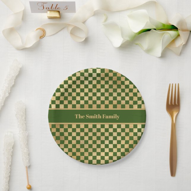 Green Gold Chequered Paper Plate (Wedding)