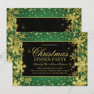 Green Gold Christmas Dinner Winter Snowflakes Invitation