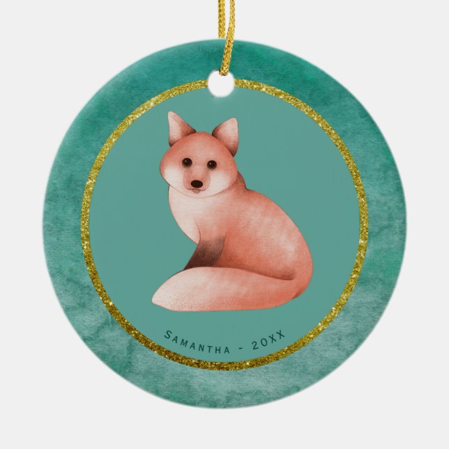 Green Gold Christmas Fox Personalized Name Date Ceramic Ornament (Front)