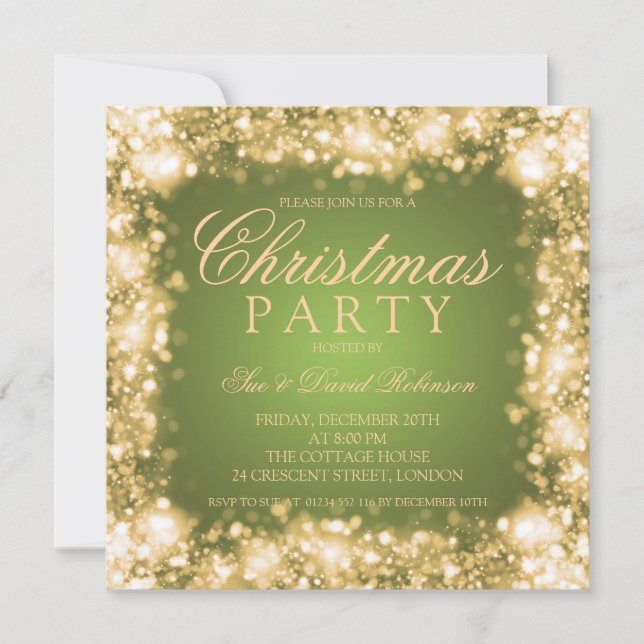 Green Gold Christmas Party Sparkling Lights Invitation (Front)