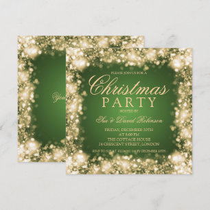 Green Gold Christmas Party Sparkling Lights Invitation