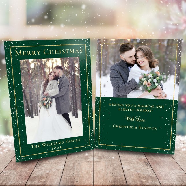Green Gold Christmas Snowfall 2 Photo Holiday Card (Creator Uploaded)