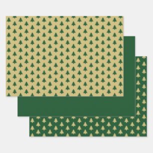 Green/Gold Christmas Tree Iconic Pattern Wrapping Paper Sheet